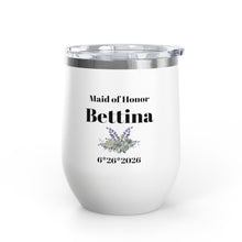 Maid of Honor Personalized Wine Tumbler — 12oz sage green and lavender floral & Date