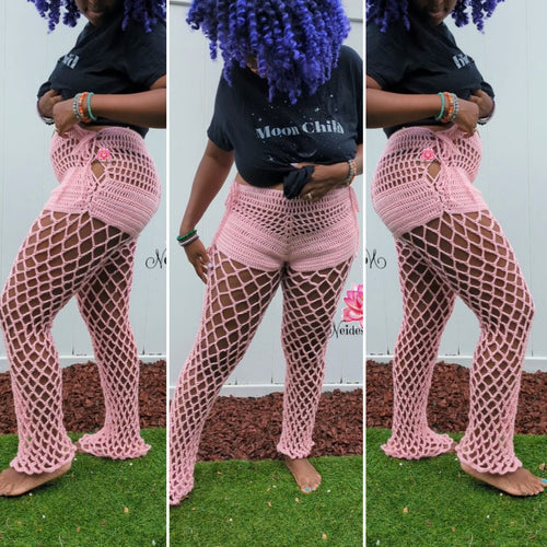 Pink highwaisted Crochet pants Vacation outfit beach outfit Bohemian pants Y2K Festival style bathing suit Swimsuit cover,bikini cover