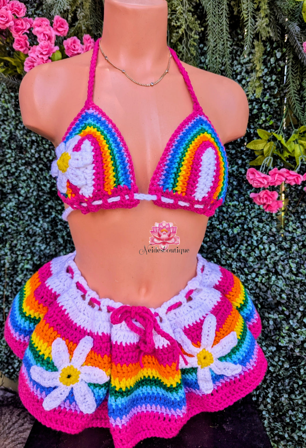 Multicolor outfit festival outfit Floral Hot Pink carnival Outfit crochet top skirt bikini bottom festival skirt afropunk festival bohemian