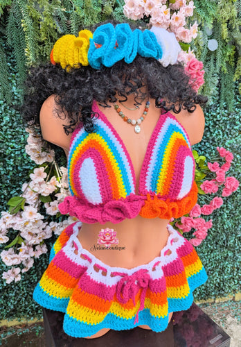 Festival multicolor outfit crochet carnival Outfit crochet top skirt ruffle headband bottom festival skirt ruffle topafropunk festival bohemianstyle