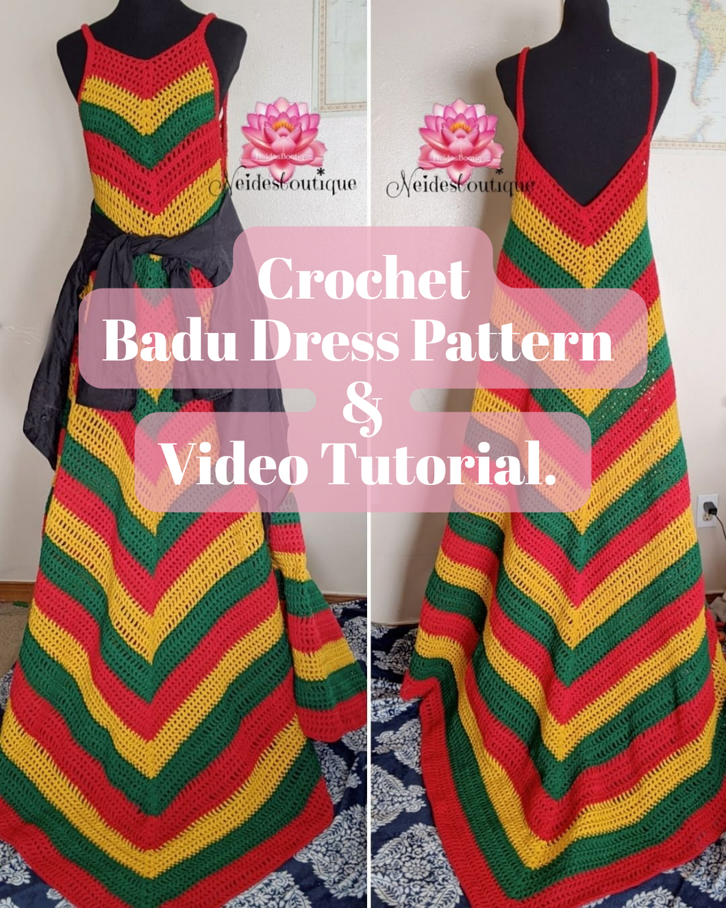 Rasta Crochet dress Pattern and video tutorial, Ball Gown Dress pattern, Long Crochet dress how to, Badu dress instructions
