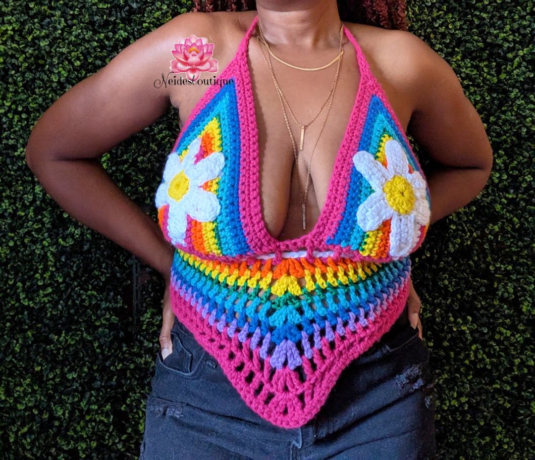 極美品✨チカキサダ 2pset tulle balloonsleeve tops Multicolor crochet top Daisy flower top Pride month top Beach