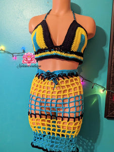 St. Lucia crochet outfit top skirt, Rasta top, Rastafarian outfit, beach cover,bikini cover,Festival style bathing suit cover Swimsuit cover, Festival Outfit