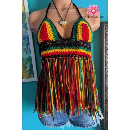 Rasta Fringe Bralette, Rasta crop top, crochet top, beach skirt, festival skirt, Jamaican festival, beach outfit, bohemian style,best friend