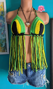 Jamaican Fringe Top, Jamaican Bralette crop top, crochet top, beach style, festival outfit, Jamaican festival, beach outfit, bohemian style