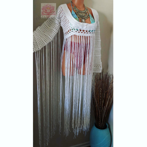 White bohemian fringe top, white crochet long sleeves top,  white fringe crop top