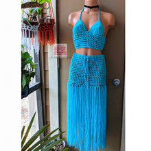 Turquoise fringe Crochet beach outfit, beach cover, bikini top and fringe skirt