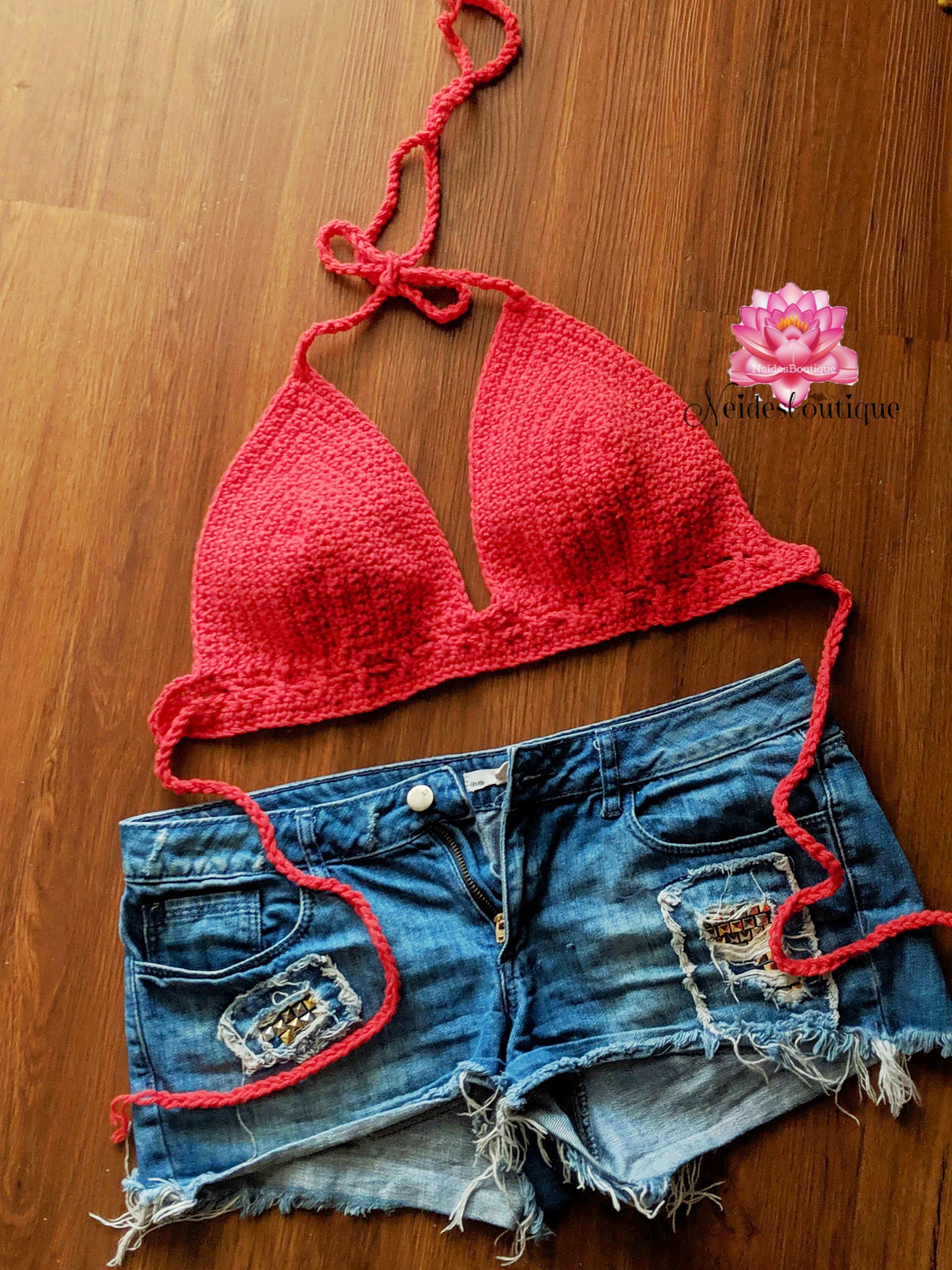 Crochet bralette, Red bikini, crochet halter top, crochet crop top