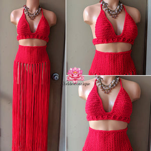 Baddie outfit in Red, festival outfit, crochet top and belt
