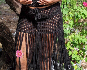 Black fringe Crochet beach outfit, beach cover, bikini top and fringe skirt