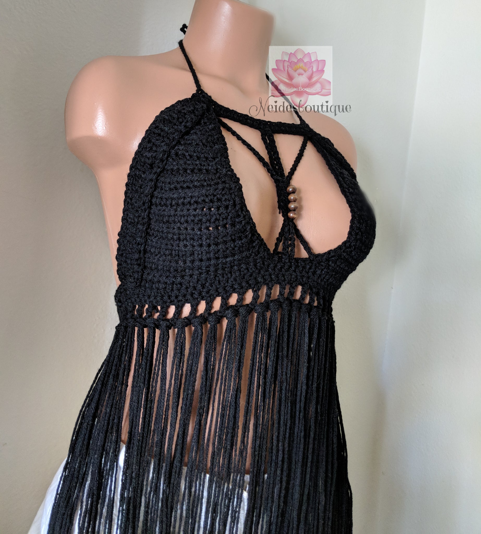 The Butterfly top, Black fringe Crochet bralette, bikini top
