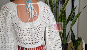 White bohemian fringe top, white crochet long sleeves top,  white fringe crop top