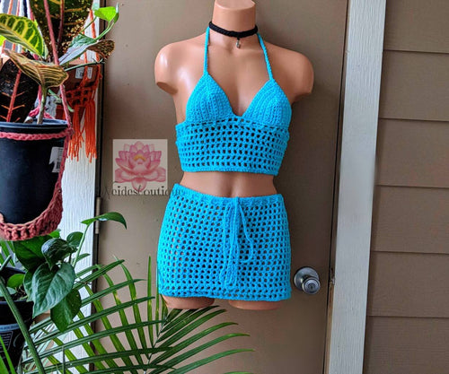 Turquoise Crochet beach outfit, beach cover, bikini top and fringe skirt