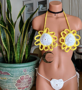Sunflower top, White and Yellow flower Bikini top, sunflower top yellow lingerie, Anniversary gift, white bikini, wife gift, gift for her, bikini, itty bitty bikini, sexy bikini