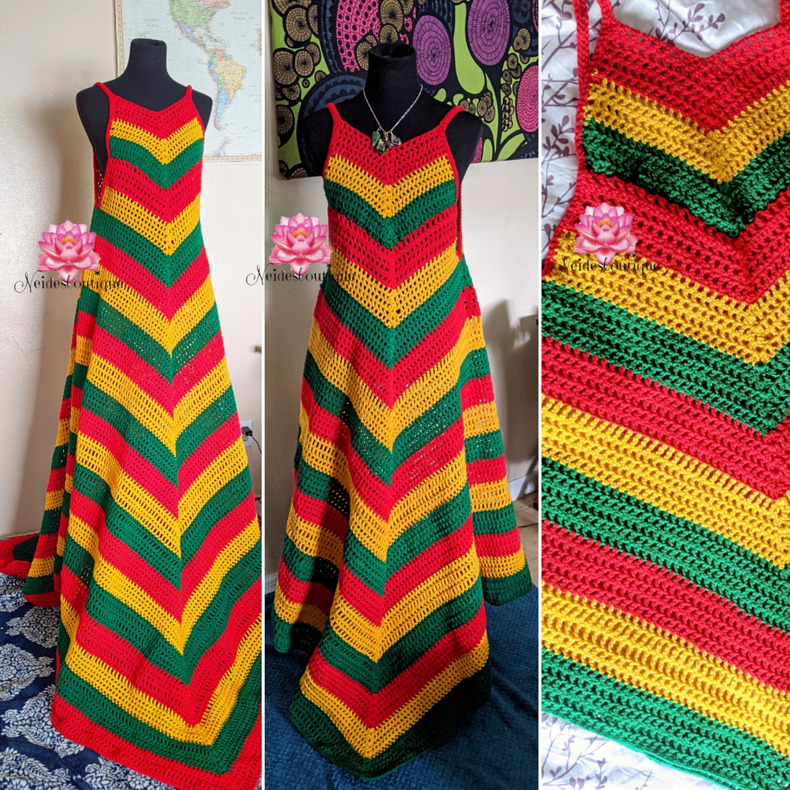 jamaican crochet dress Badu Rasta dress, short Rasta Crochet dress Medium Length dress / 5XL