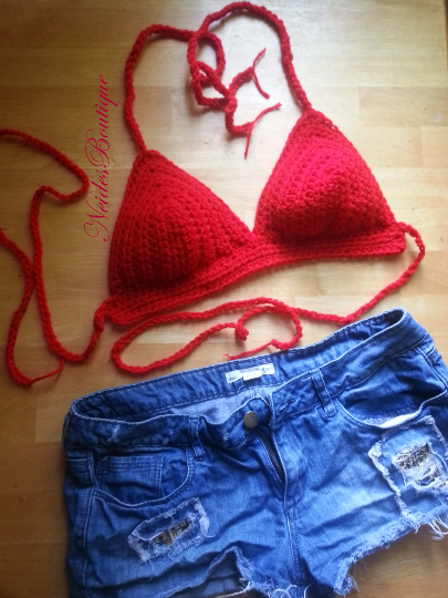 Esho Women V Neck Halter Crochet Bralette Crop Top Boho Cami Bikini Top 