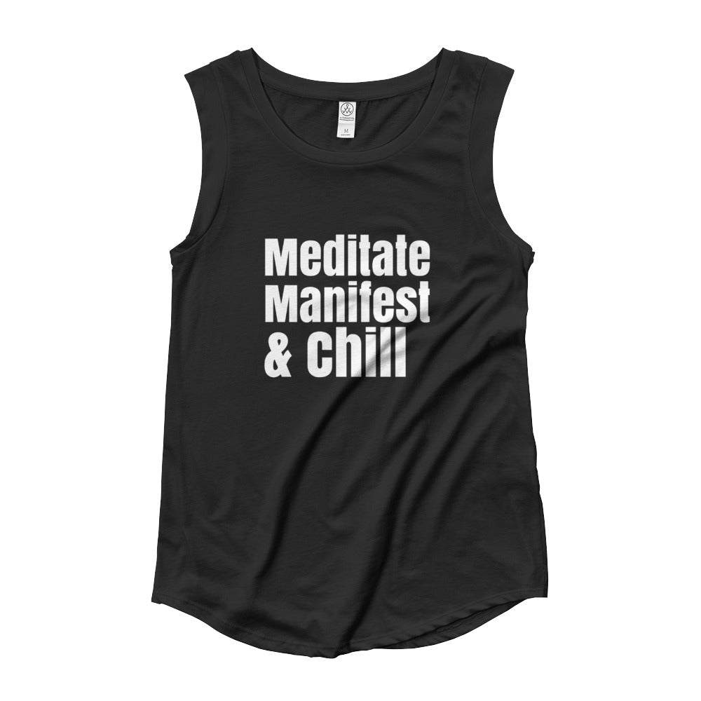 Meditate Manifest and chill Tee,Ladies’ Cap Sleeve T-Shirt,valentines day gift, mother's day gift, girlfriend gift, best friend gift,
