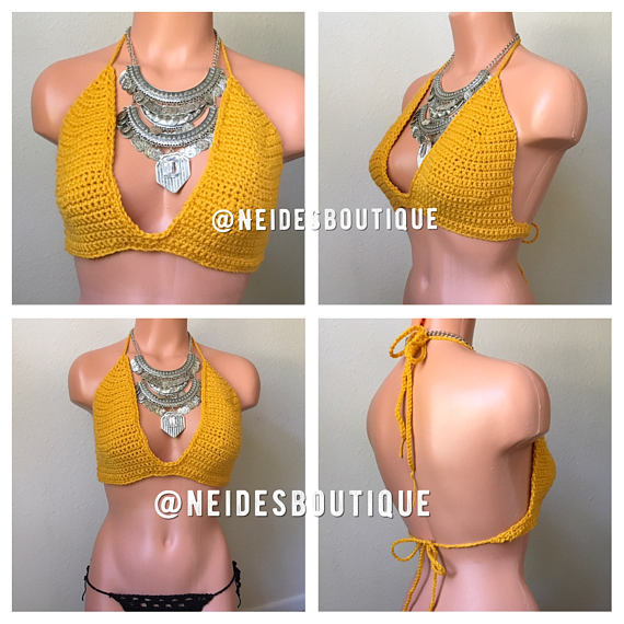 Crochet bralette, Mustard bikini top , crochet halter top, crochet crop top, Festival color, bohochic, bohemian clothing